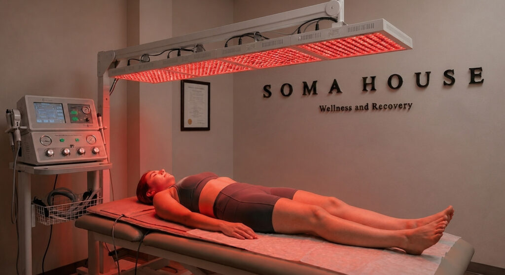 lady combining PEMF therapy with Medical-Grade Red Light Therapy, at soma house in Buckinghamshire