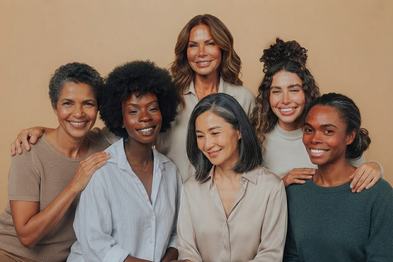 group of women in midlife age, smiling, living healthy happy lives